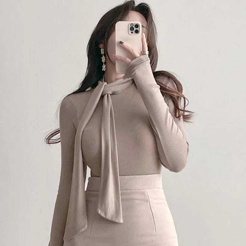 Korean Style Women's Long Sleeve T-Shirt Bow Design Halter Neck Slim Fit Comfortable Base Shirt Cotton Spring Summer Top