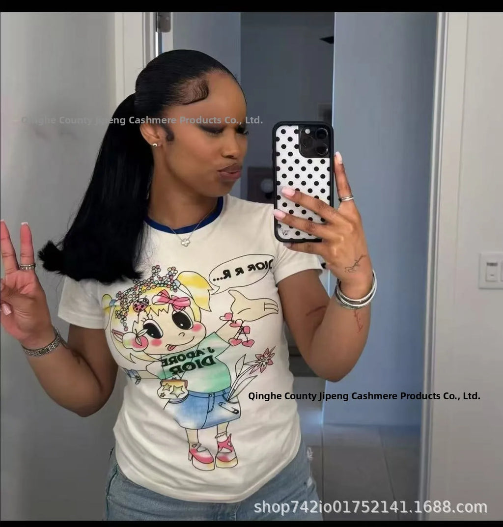 Loose Fit Embroidered Cotton T-Shirt Women's Shoulder Width round Neck Print Short Sleeve Cross-Border Half Sleeve Street Style