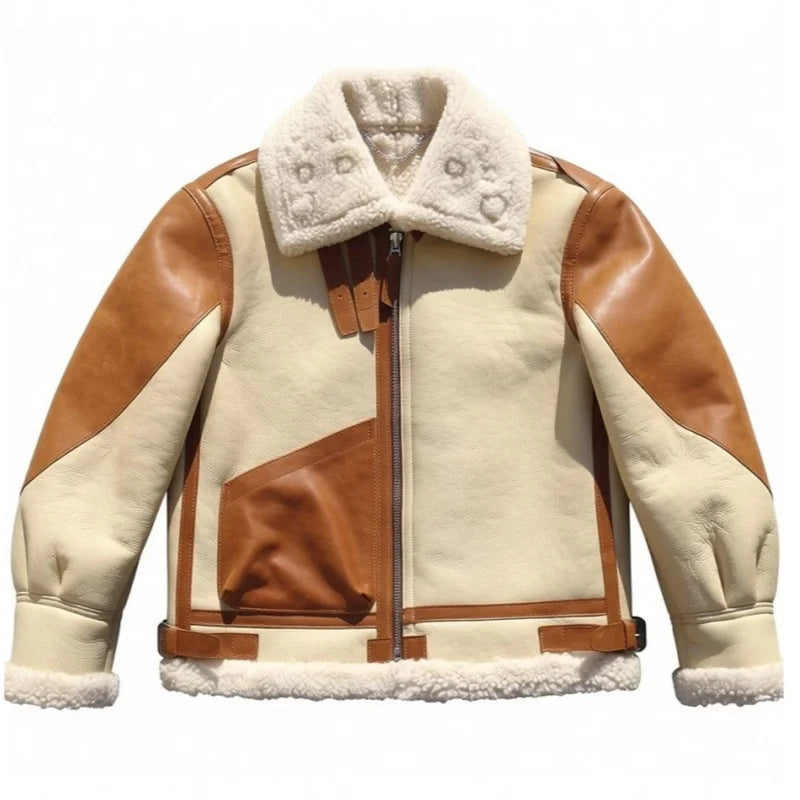 Beige White Winter Shearling Jacket Men Retro Style Plus Size 5XL Real Natural Thick Sheepskin Turn-Down Collar B3 Bomber Coat