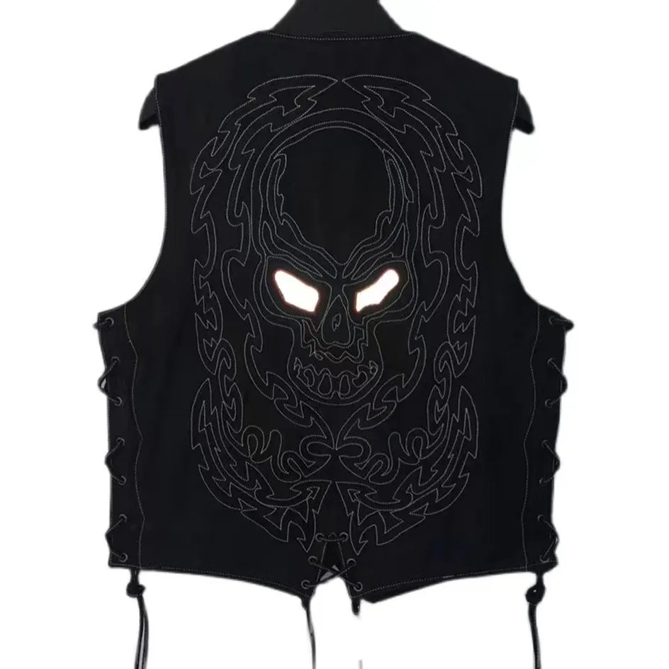Black Spring Leather Vest Men Skull Embroidery Retro Style Plus Size 5XL Genuine Natural Cowhide Single Breasted Sleeveless Coat