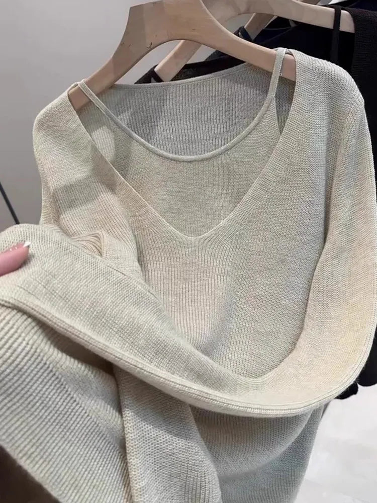 Ladies' Knitted Woolen Loose Fashionable Top Hollow out Fake Two-Piece Style Autumn New Arrival Comfortable Casual Korean Style
