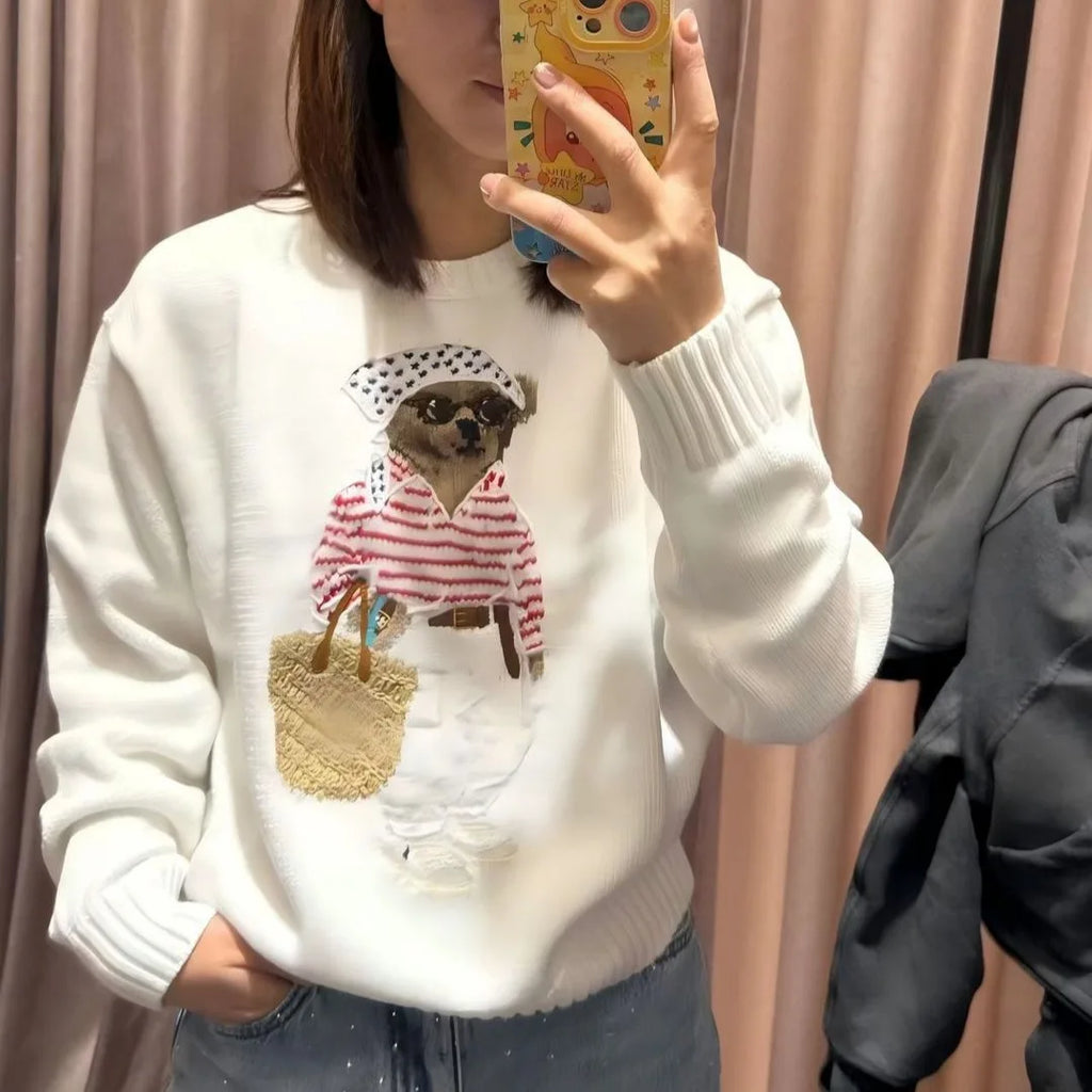Loose Fit round Neck Knitwear Summer Women's Style Cotton Linen Blend Long Sleeve Casual Top Animal Pattern Embroidered