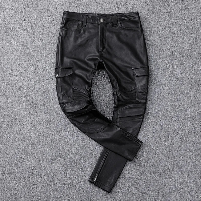 Black Winter Leather Trousers Men Vintage Style Plus Size 4XL Real Natural Thick Cowhide Add Protection Device Motorcycle Pants
