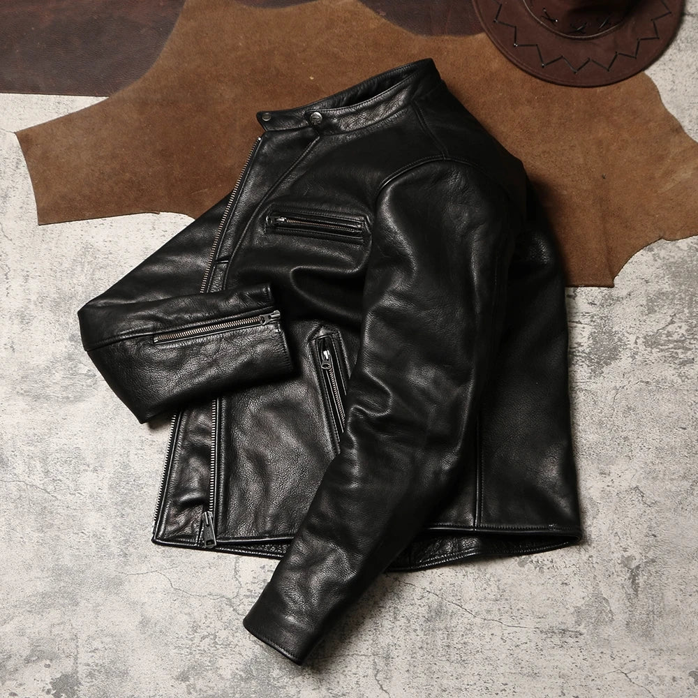 Black Winter Leather Jacket Men Sports Style Plus Size 4XL Genuine Natural Thick Cowhide Stand Collar Slim Fit Leather Coat