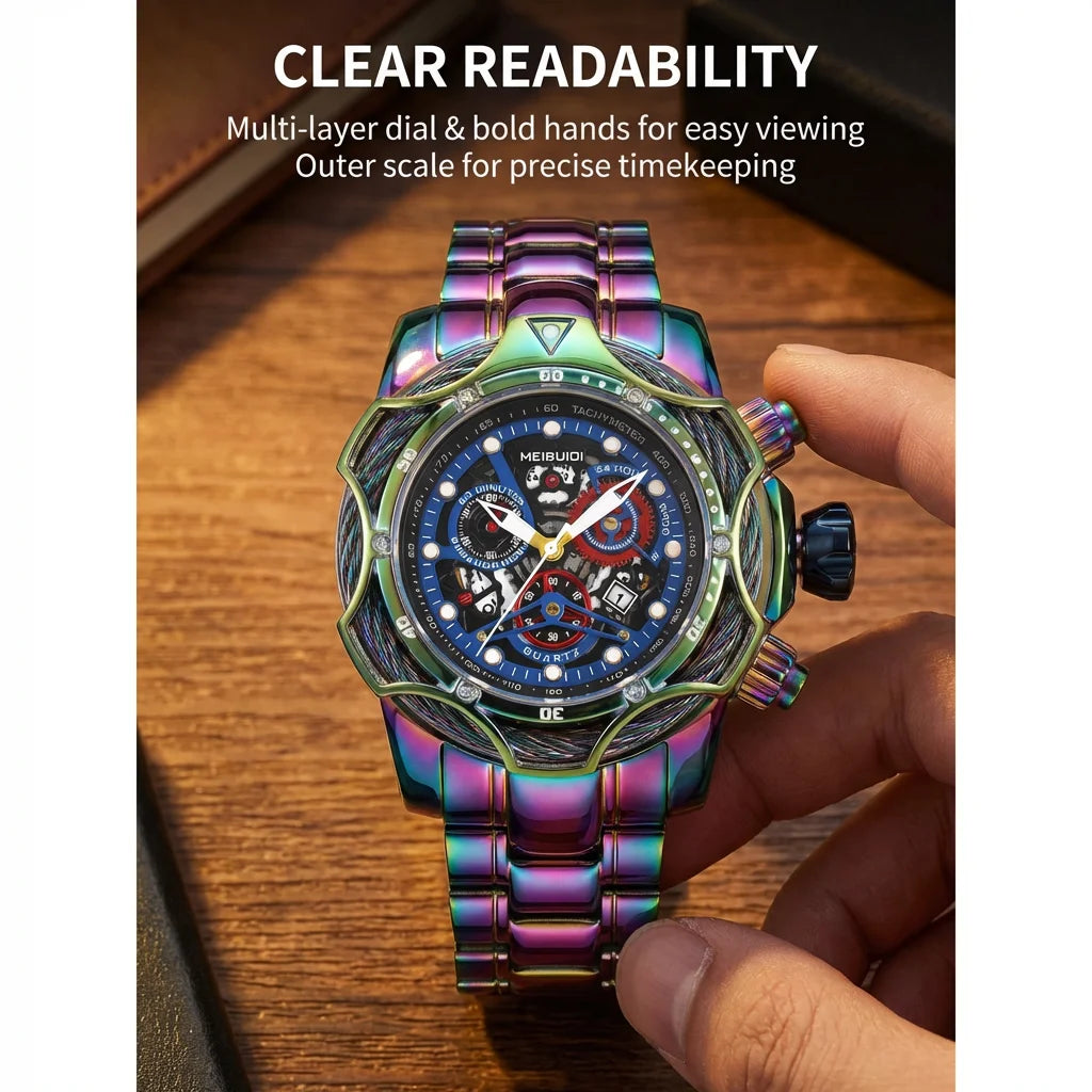 1pc Iridescent Color Changing Metal Strap Watch Mechanical Hollow Dial Chronograph Fashion Trendy Wristwatch For Men Women Daily