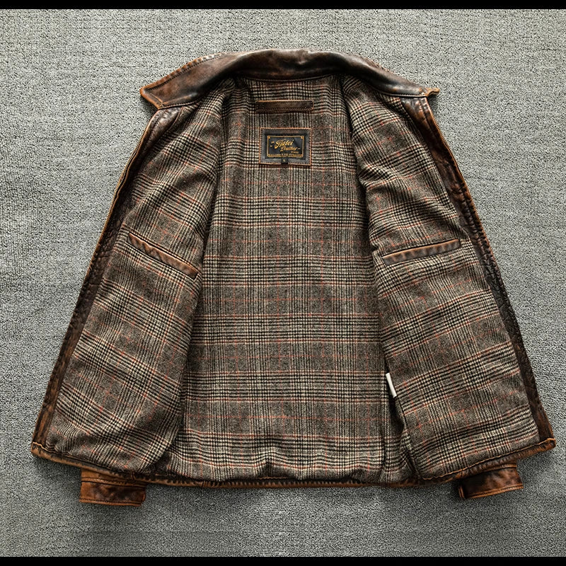 Brown Autumn Leather Jacket Men Retro Vintage Style Plus Size 5XL Genuine Natural Cowhide Turn-Down Collar Slim Fit Leather Coat