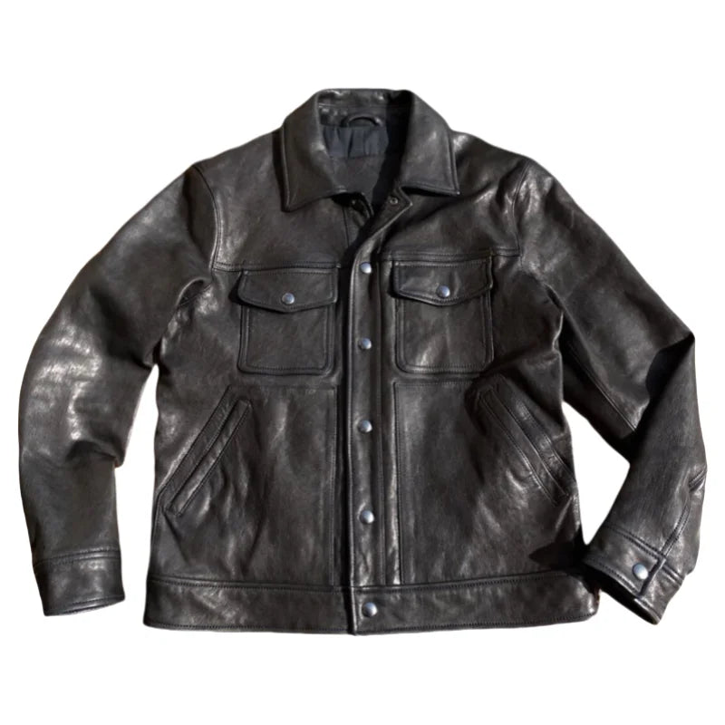 Black Autumn Leather Jacket Men Casual Style American Size Genuine Natural Sheepskin Turn-Down Collar Single Breasted Denim Coat