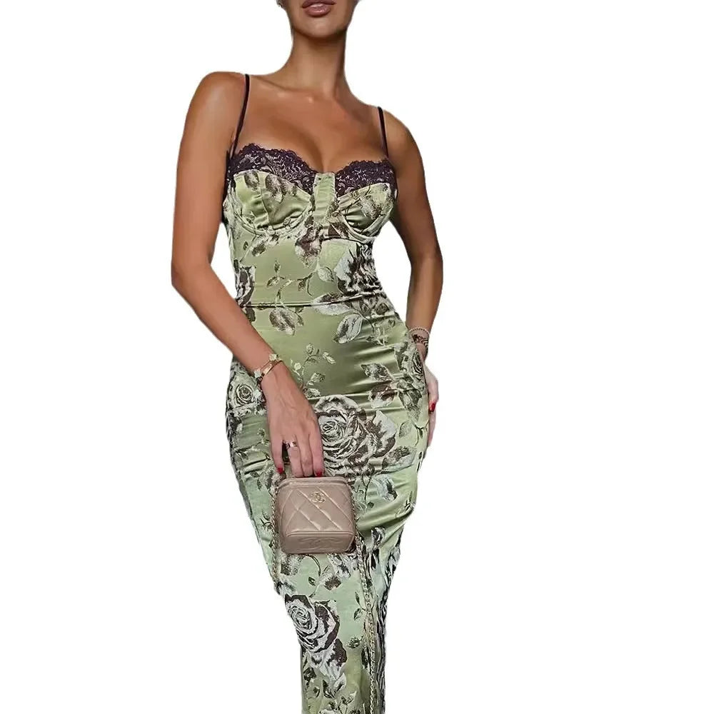 Lace Contrast Trim Floral Print Long Knitted Wrap Dress with Side Slits Sleeveless Women's Dress Casual Comfortable Nightgown