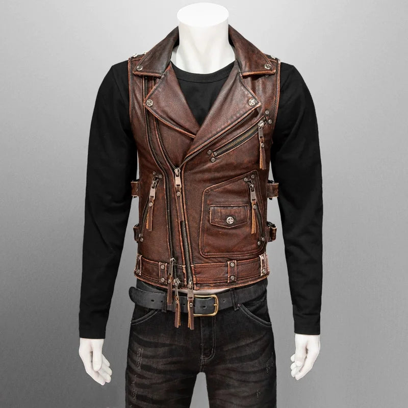 Men Red Brown Leather Biker Vest Vintage Distressed Asymmetrical Zip Sleeveless Jacket Punk Rock Studded Multi-Pocket Waistcoat