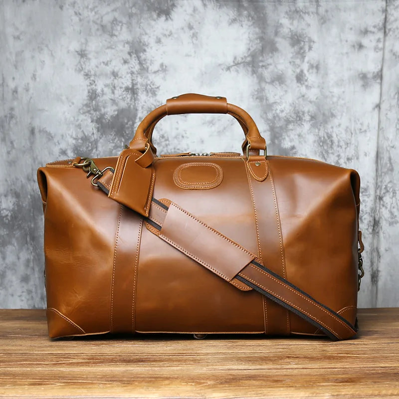 NZPJ Vintage Genuine Leather Men's Travel Bag, Large Capacity Luggage Bag, Crazy Horse Leather Handbag, Natural Cowhide Crossbod