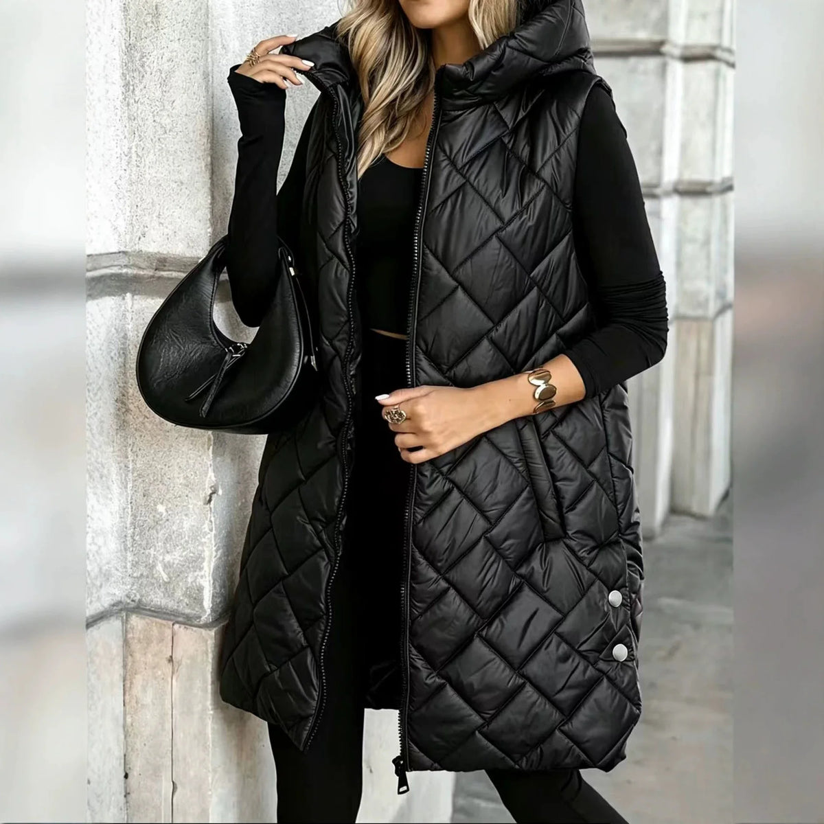 plus Size Women's Casual Hooded Vest Polyester Fabric Street Style Straight Cut Long Sleeve Zipper Closure Fashionable Outerwear