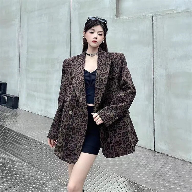 Ladies' Long Sleeve Leopard Print Suit Jacket Hepburn Style Casual Leisure Fashionable Mid-Length Coat Elegant Commute