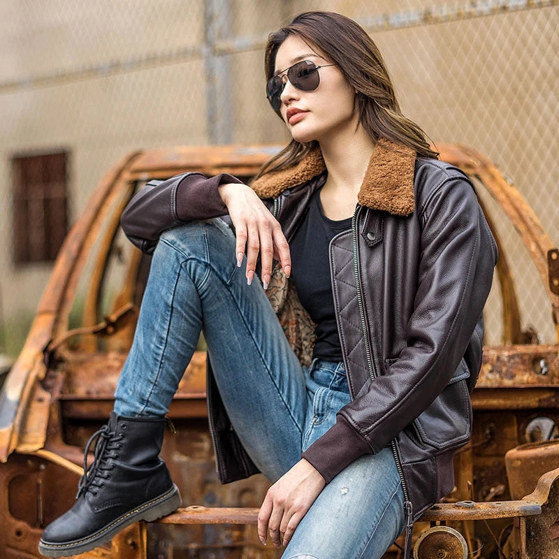 Dark Brown Autumn Leather Jacket Women Retro Style Plus Size 3XL Genuine Natural Cowhide Wool Collar Military G1 Flight Coat