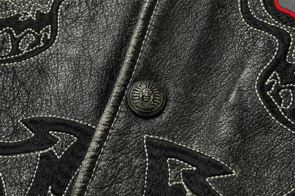 Black Spring Leather Vest Men Skull Embroidery Retro Style Plus Size 5XL Genuine Natural Cowhide Single Breasted Sleeveless Coat