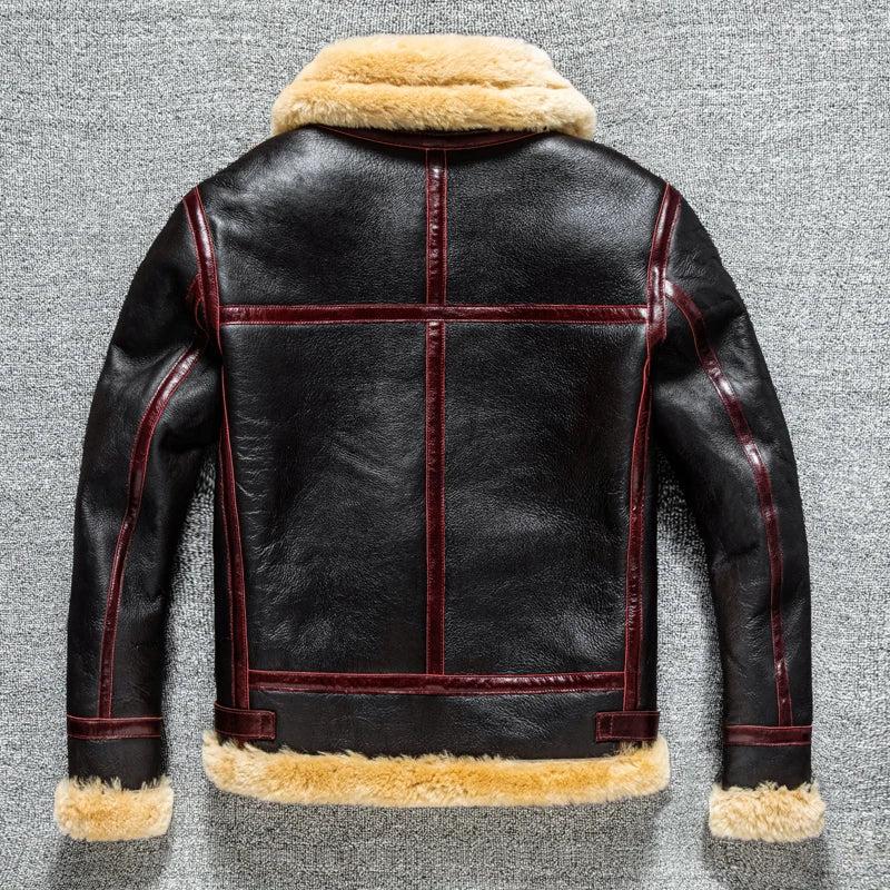 Black Winter Shearling Jacket Men Military Style Plus Size 3XL Genuine Natural Thick Sheepskin Warm B3 Bomber Leather Coat