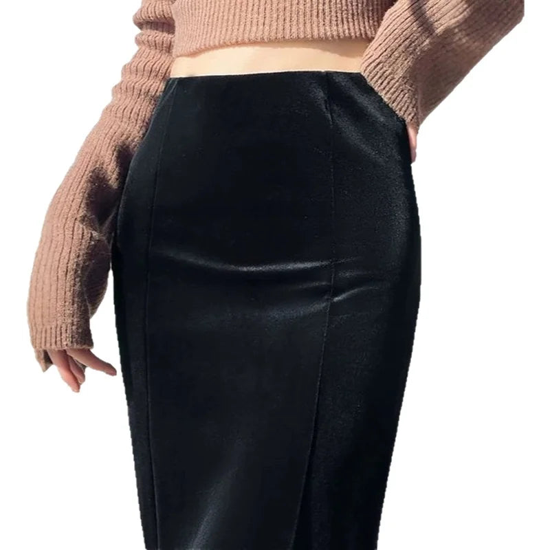 Elegant Long Velvet Skirt Women's High Waist Slim Fit Fish Tail Hem Draping Slimming Full Length Half Body Skirt