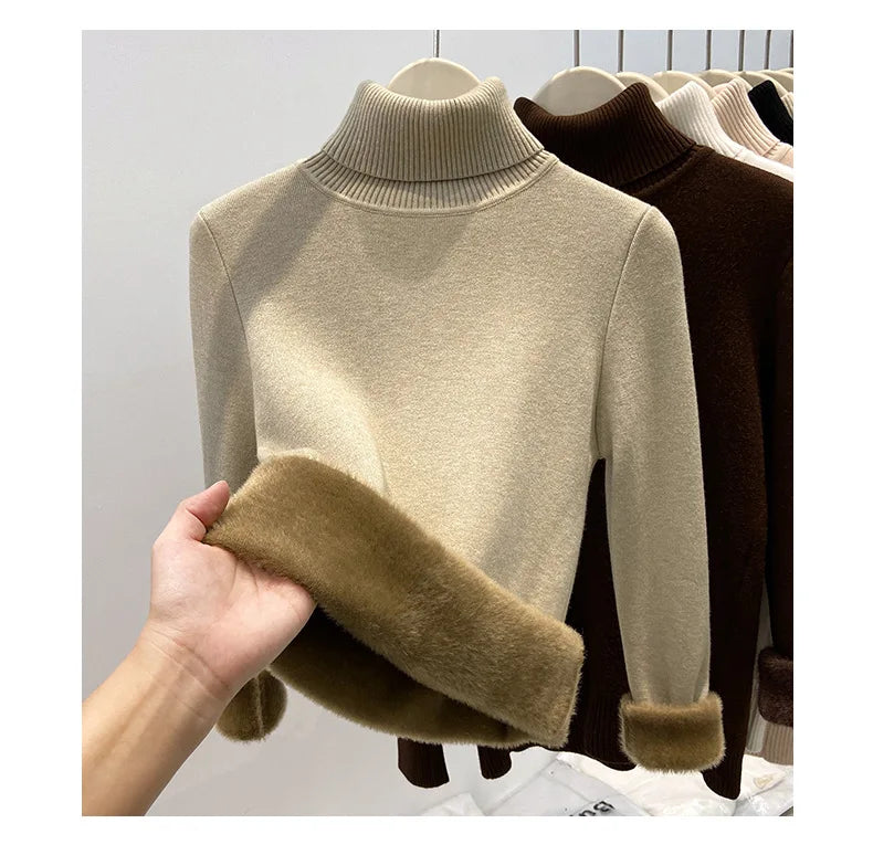 Thickened High Collar One-Piece Fleece Knitted Sweater Women Winter Slim Fit Inner Wear Fashionable Basic Style Base Shirt