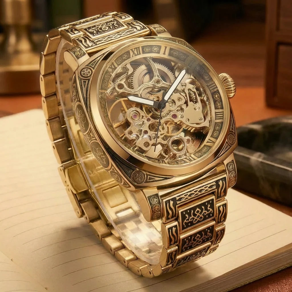 A men's fashion gentlemen's elegant pentagram rose gold and steel mechanical watch