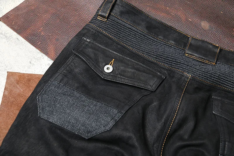 Black Spring Leather Trousers Men Retro Style Plus Size 4XL Genuine Natural Sheepskin Add Protection Device Motorcycle Pants