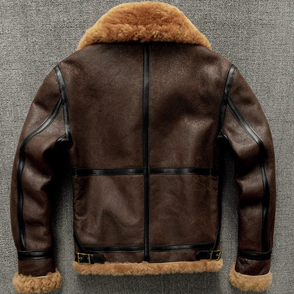Brown Winter Shearling Jacket Men Retro Style Plus Size 5XL Genuine Natural Sheepskin Turn-Down Collar Thick Warm B3 Flight Coat