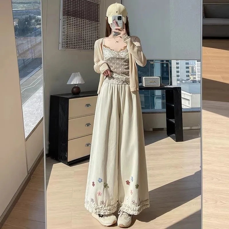 High Waist Thin Wide Leg Pants Women's Spring Summer Fashion Casual Loose Fit Nine Point Straight Cut Pants Lace Trim