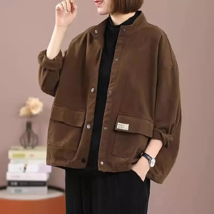 Loose Casual Women's Workwear Jacket Stand Collar Short Cardigan Outerwear Comfortable Polyester Cotton Blend Street Style
