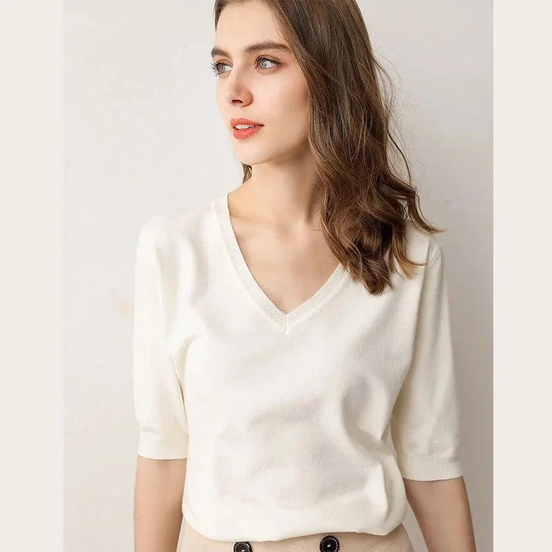 Spring Autumn New Style V-Neck Thin Knitted Loose Short Sleeve Women's T-Shirt Thin Summer Top Comfortable Base Layer Shirt