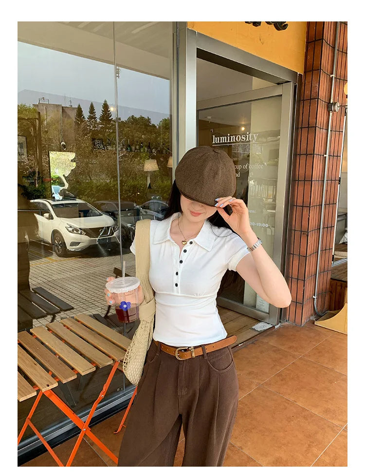 American Style Collared Short Sleeve T-Shirt Women Summer Slim Fit Flattering Short Length Fashionable Casual Commute Wear
