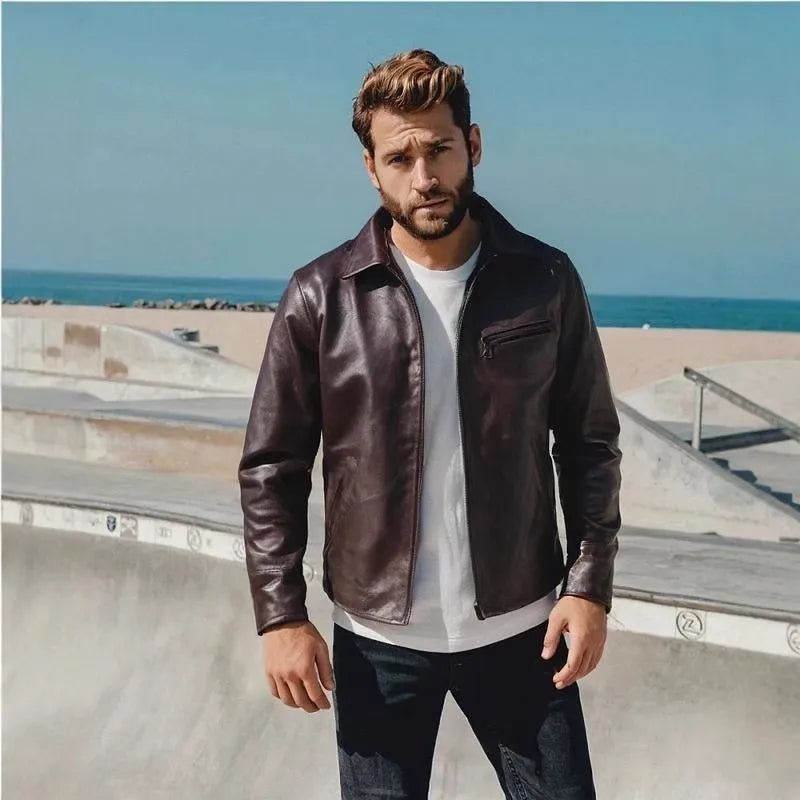 Dark Brown Spring Leather Jacket Men Casual Style Plus Size 4XL Genuine Natural Sheepskin Turn-Down Collar Slim Fit Retro Coat