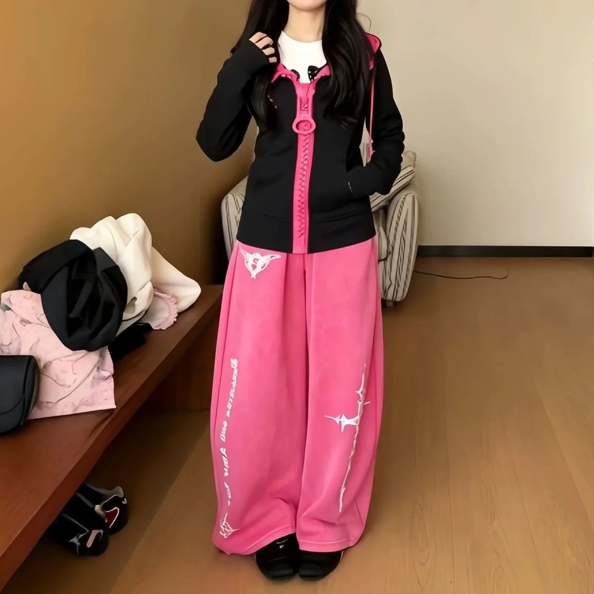 2026 New American High Street Lazy Early Eight Fashion Color Block Slimming Casual Wide Leg Pants Elegant Casual Trousers