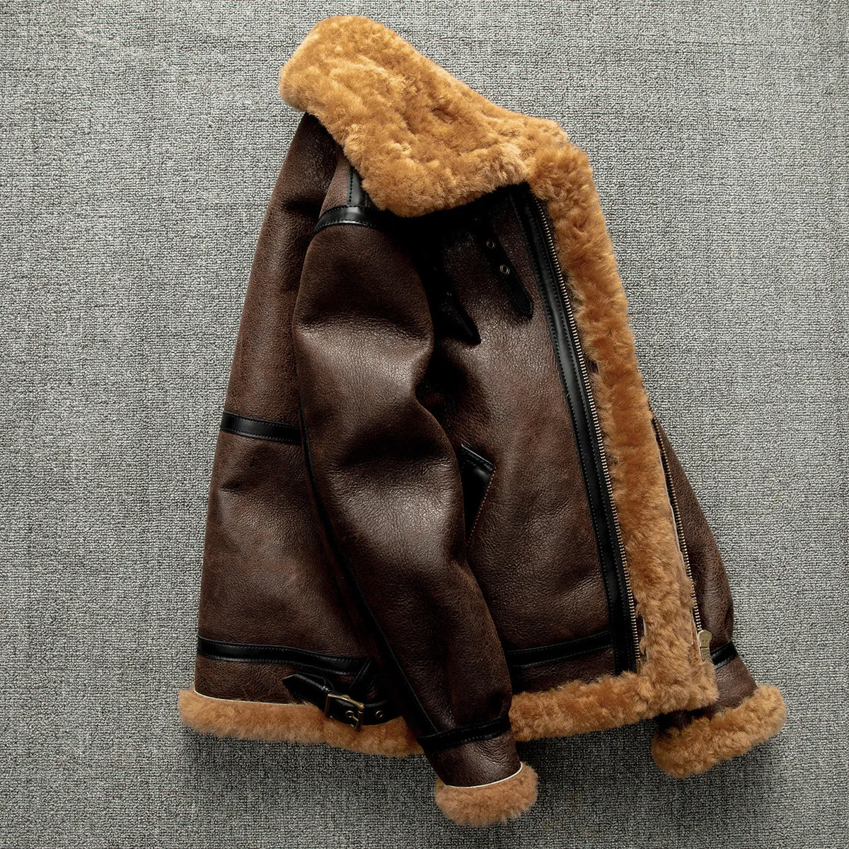 Brown Winter Shearling Jacket Men Retro Style Plus Size 5XL Genuine Natural Sheepskin Turn-Down Collar Thick Warm B3 Flight Coat