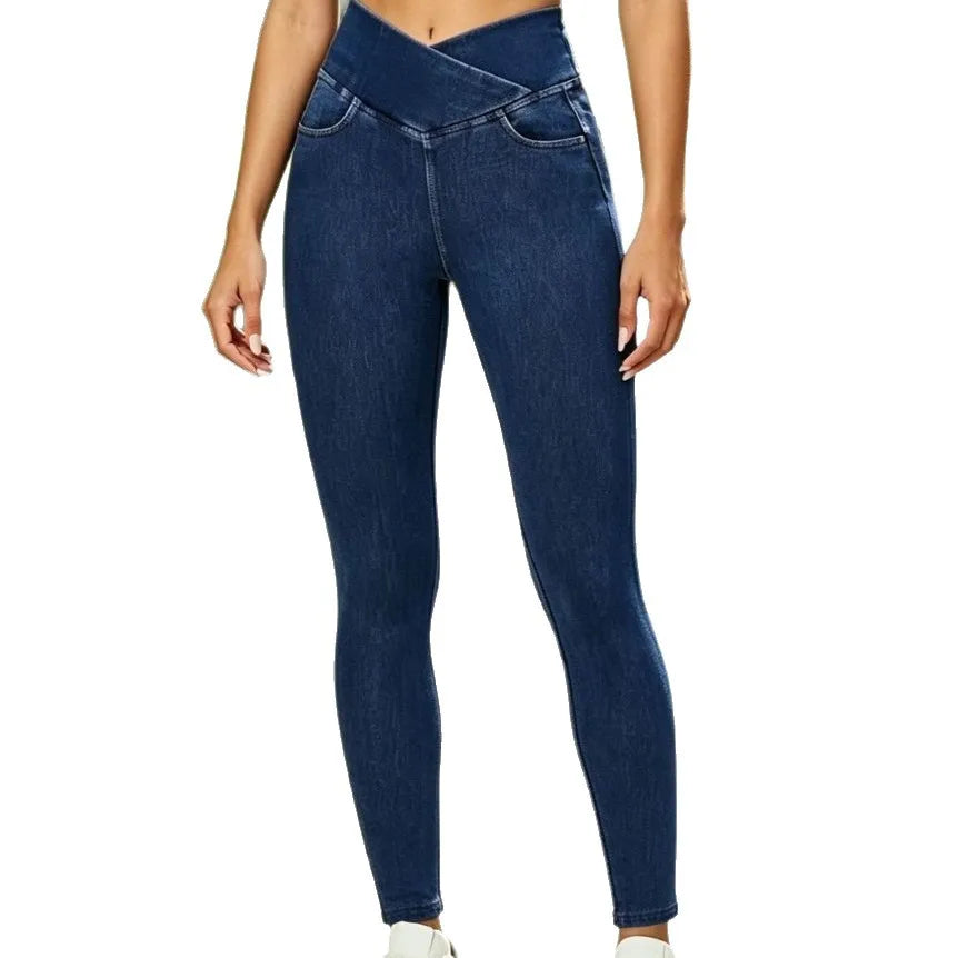 High Elasticity Yoga Jeans Women's Casual Straight Leg Pocket Design Slimming Tight Fit Princess Series Polyester Fiber