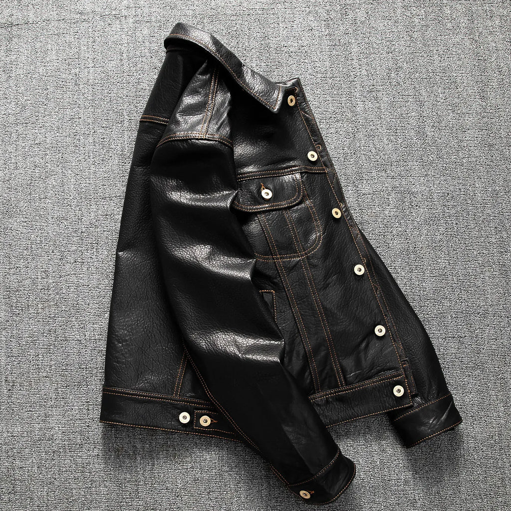 Men's Genuine Sheepskin Leather Trucker Jacket Black Type III Denim Cut Cream Contrast Stitch Brass Snap Short Casual Coat