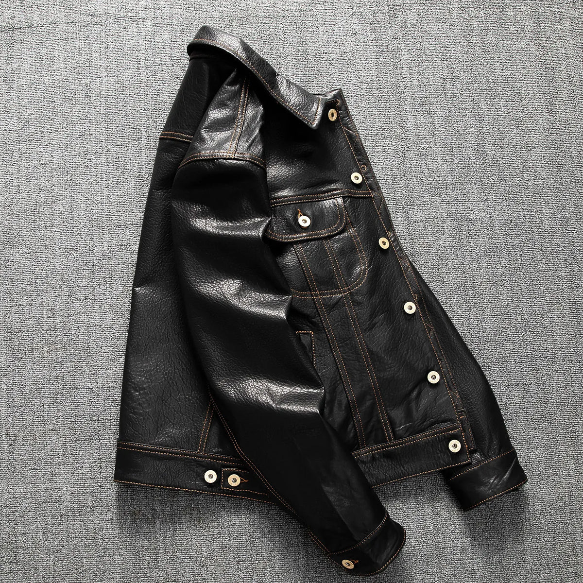 Men's Genuine Sheepskin Leather Trucker Jacket Black Type III Denim Cut Cream Contrast Stitch Brass Snap Short Casual Coat