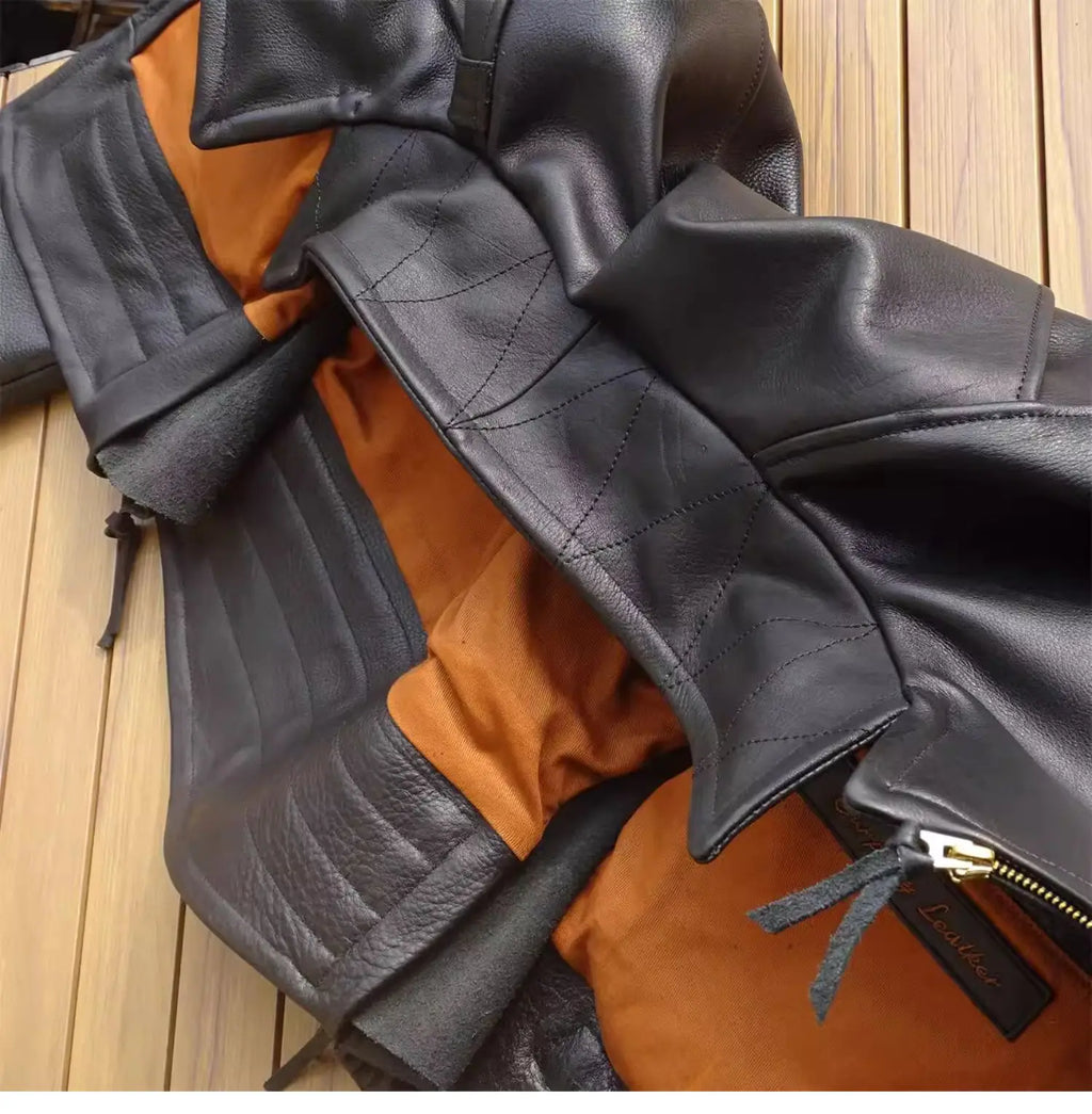 Black Winter Leather Jacket Men Sports Style Plus Size 5XL Genuine Natural Thick Cowhide Turn-Down Collar Mounted Police Coat