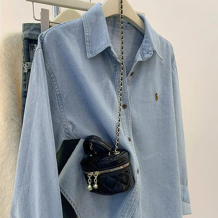 Retro Blue Shirt Women Early Spring Autumn Casual Long Sleeve Shoulder Bared Inner Wear Loose Outerwear Shirt Jacket