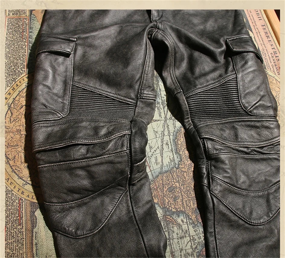 Retro Black Winter Leather Trousers Men Vintage Style Genuine Natural Cowhide Can Add Motorcycle Protection Device Leather Pants