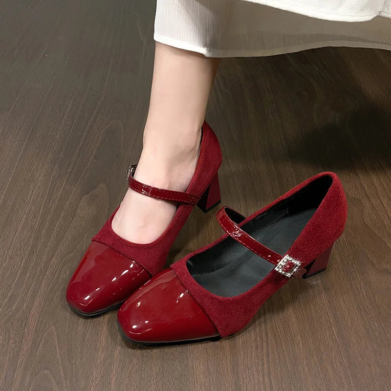 Korean Style Fashion Leopard Print Square Head Leather Color Block Rhinestone Buckle Velvet Surface Thick Heel Women's Shoes