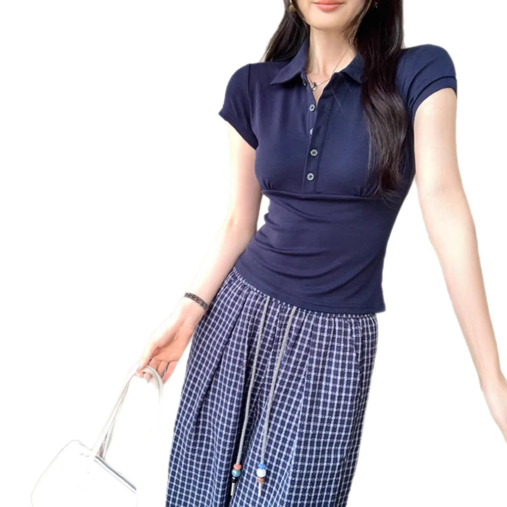 American Style Collared Short Sleeve T-Shirt Women Summer Slim Fit Flattering Short Length Fashionable Casual Commute Wear