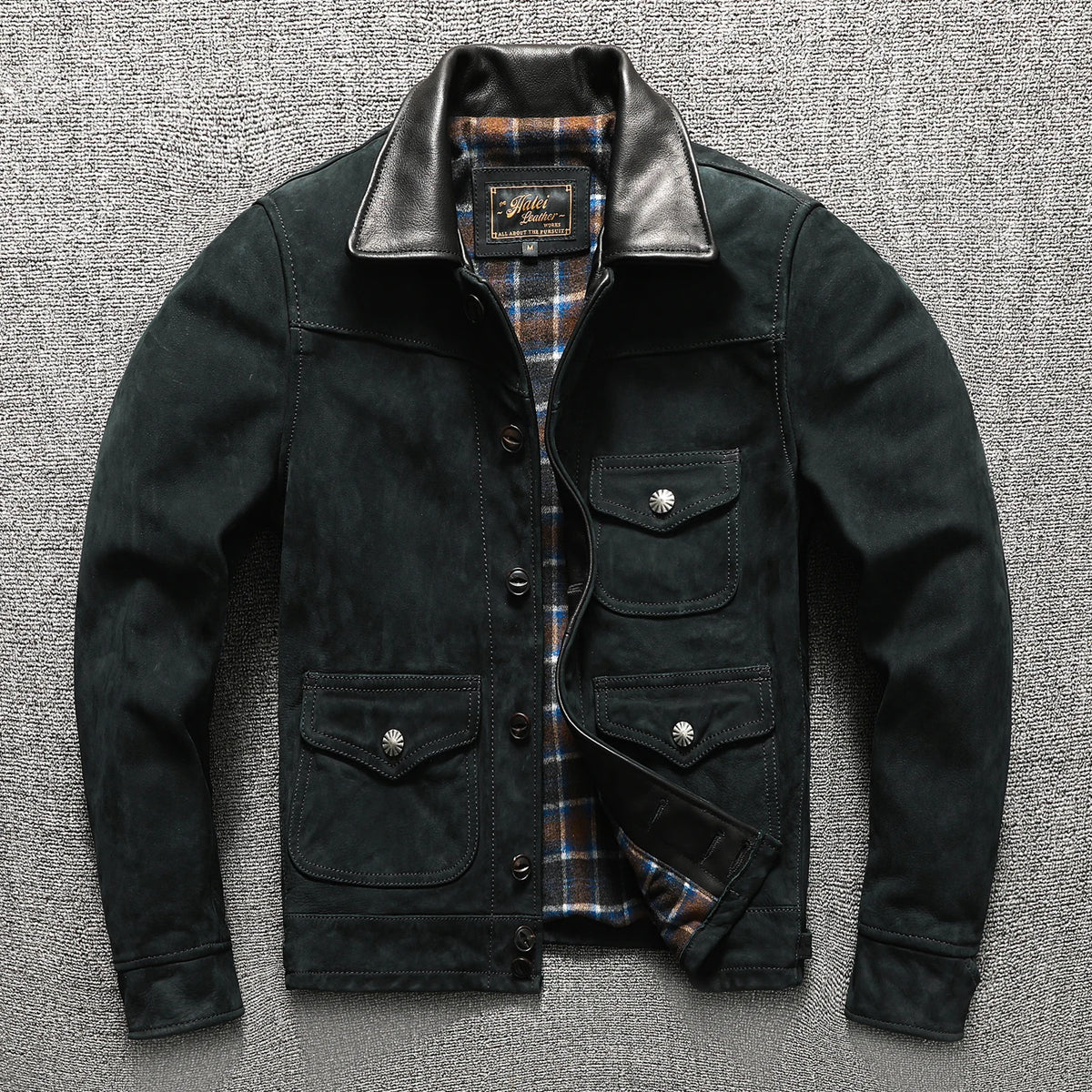 Black Winter Leather Jacket Men Vintage Style Plus Size 6XL Genuine Natural Cow Suede Turn-Down Collar Single Breasted Coat