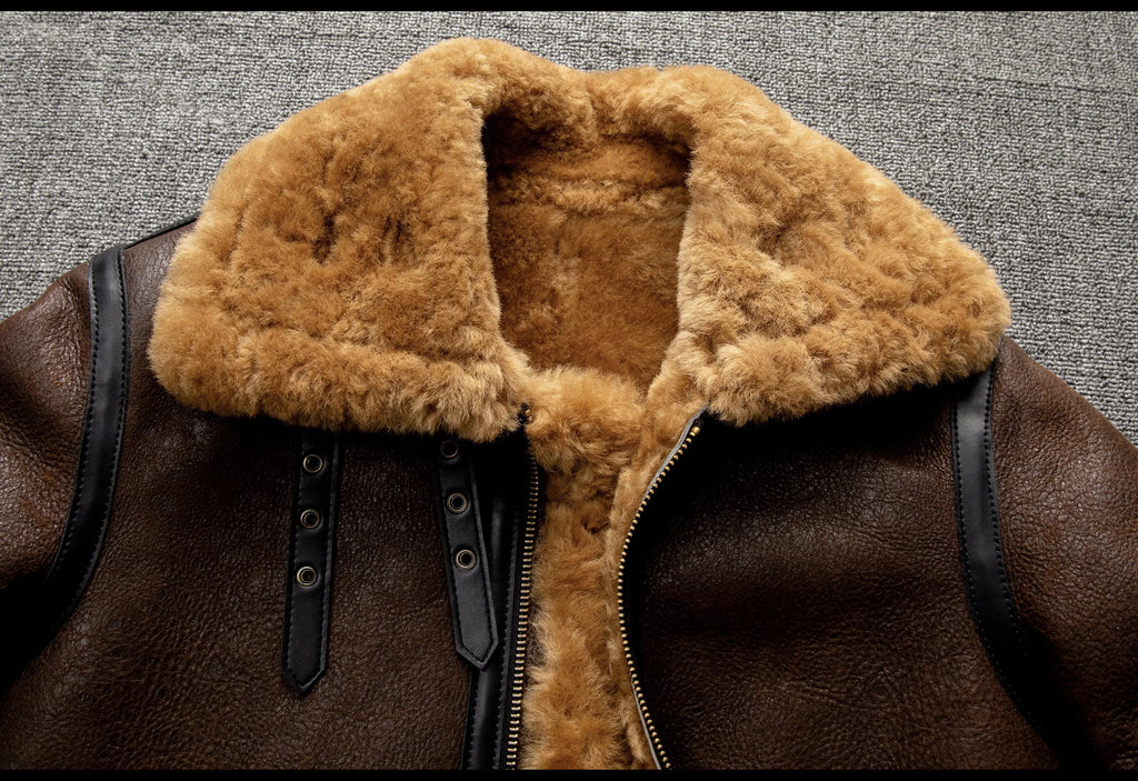Brown Winter Shearling Jacket Men Retro Style Plus Size 5XL Genuine Natural Sheepskin Turn-Down Collar Thick Warm B3 Flight Coat