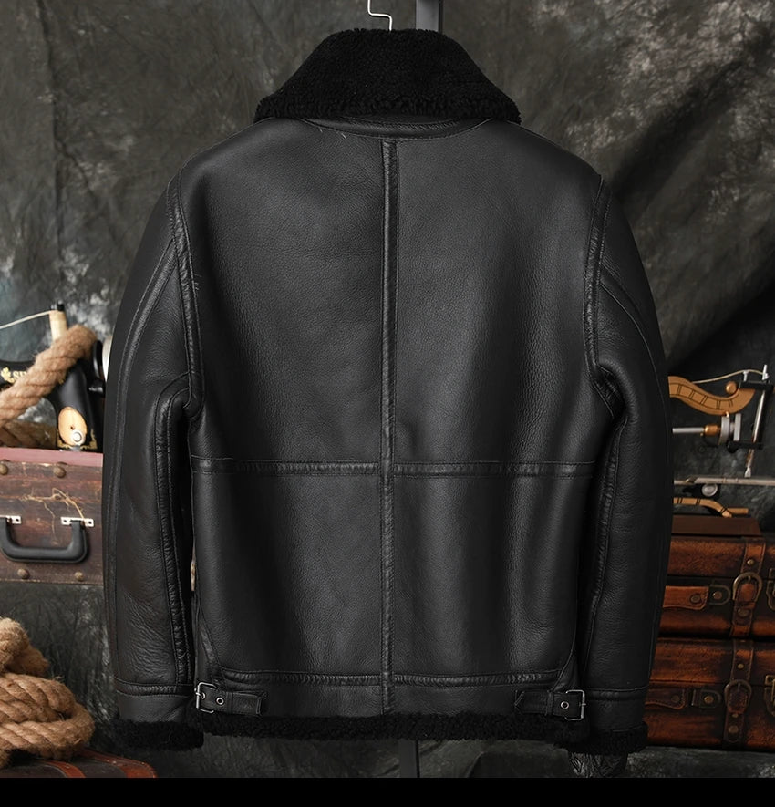 Black Winter Shearling Jacket Men Military Style Plus Size 5XL Genuine Natural Sheepskin Thick Warm Bomber Flight Coat