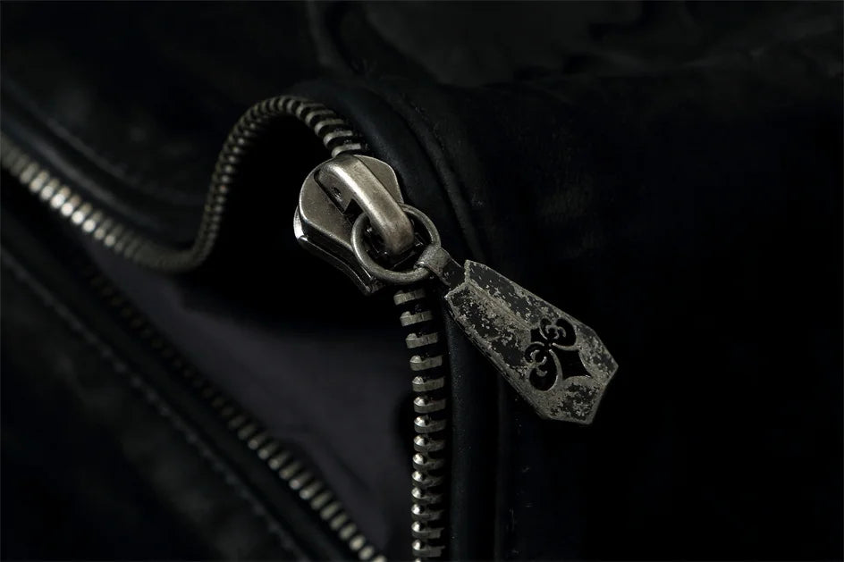 Black Winter Leather Jacket Men Vintage Style Plus Size 3XL Genuine Natural Thick Cow Suede Stand Collar Skulls Pattern Coat