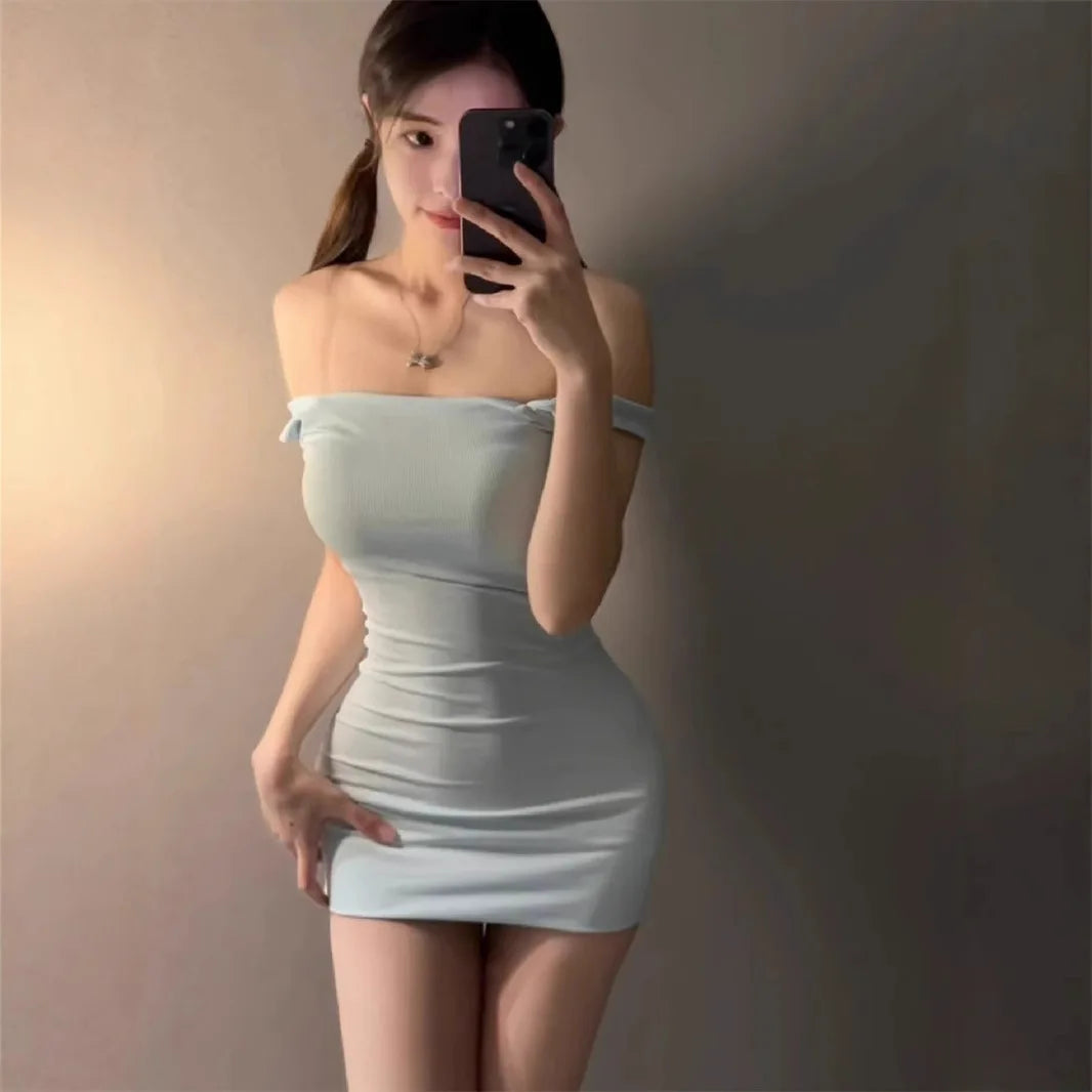 Sexy Korean Style One Shoulder Elastic Slim Fit Blue Skirt Short Dress High Waist Wrap around Bodycon Dress Ice Silk Material