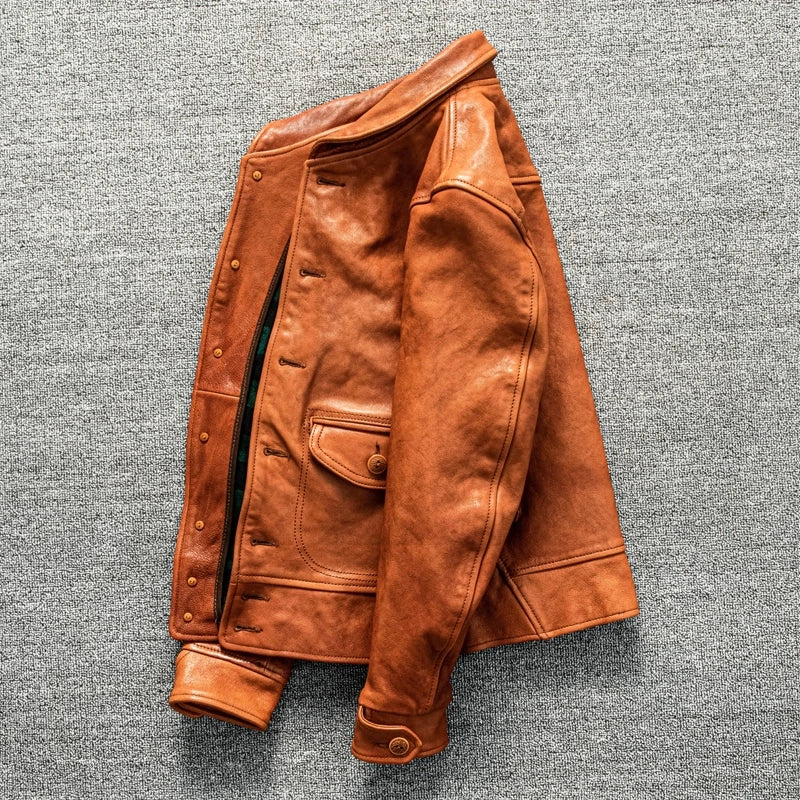 Orange Spring Leather Jacket Men Japan Casual Style Plus Size 5XL Natural Sheepskin Single Breasted Short Genuine Leather Coat