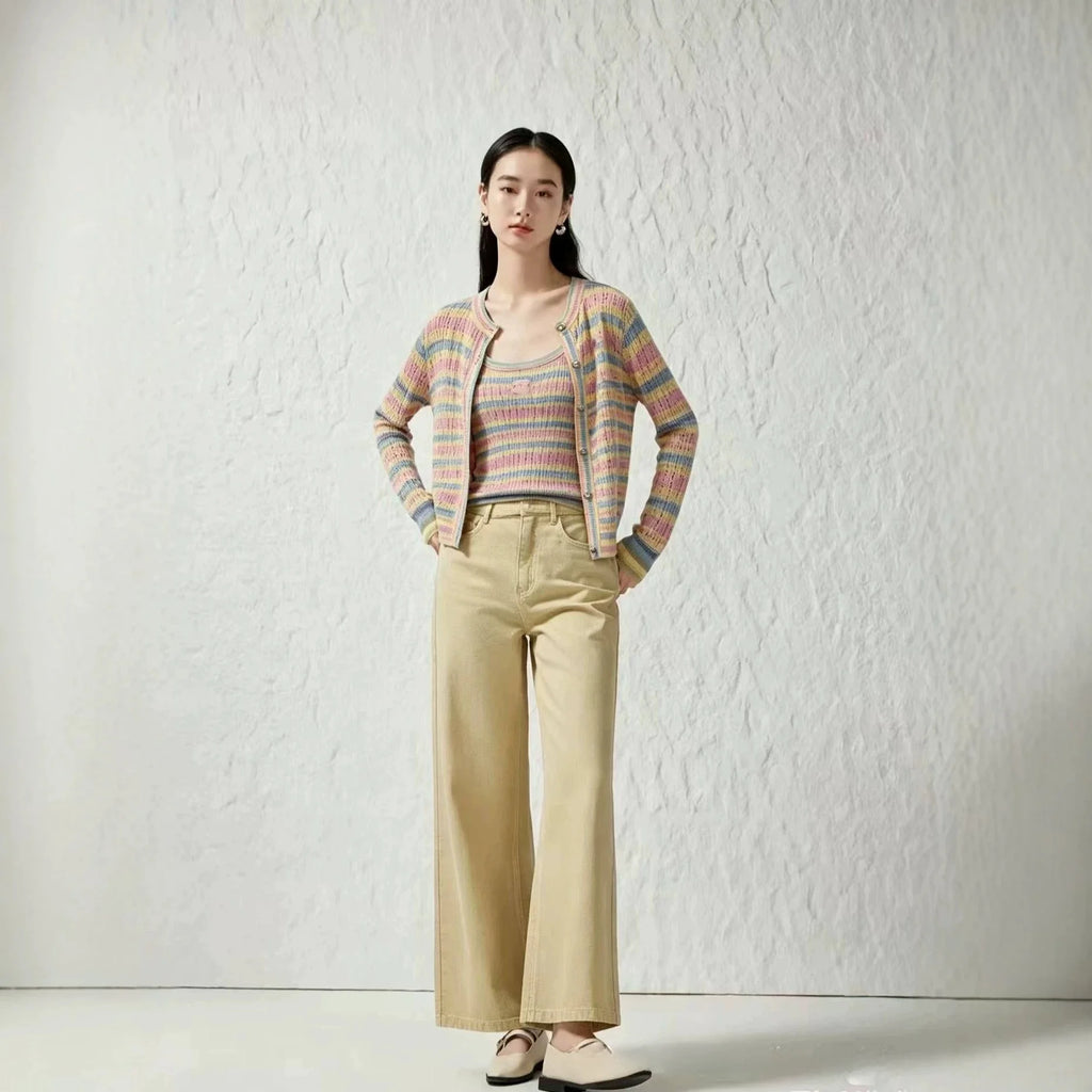 Colorful Striped Knitted Vest Hollow out Slimming U-Neck Summer Cardigan Fashionable Women's Clothing Breathable Ice Silk