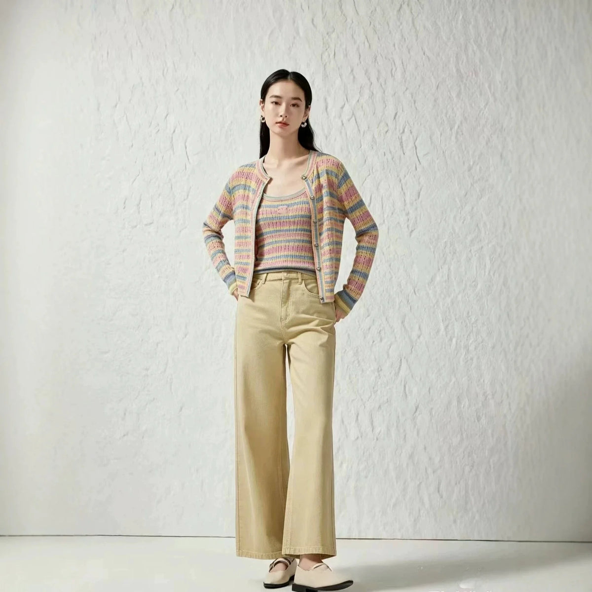 Colorful Striped Knitted Vest Hollow out Slimming U-Neck Summer Cardigan Fashionable Women's Clothing Breathable Ice Silk