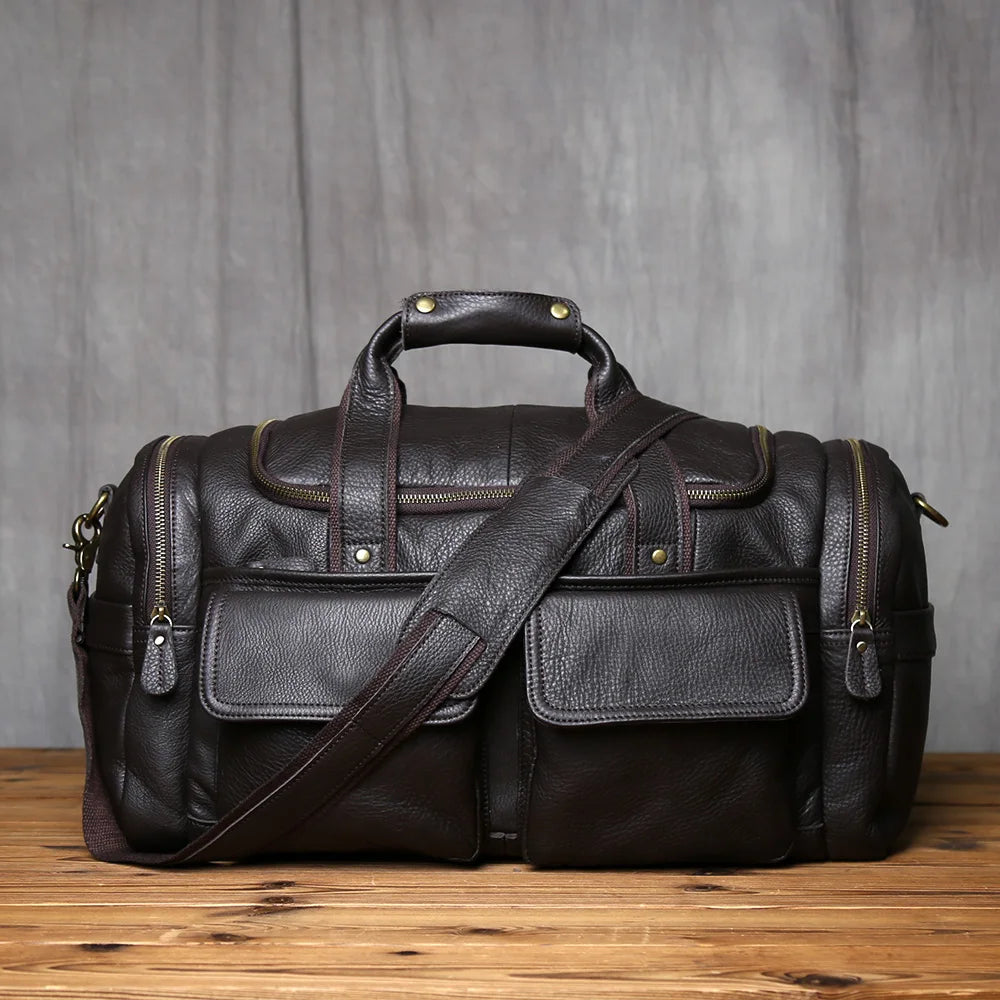 NZPJ Retro Men's Hand Luggage Bag Leather Travel Bag Top Layer Cowhide Large Capacity One Shoulder Messenger Bag Casual Laptop