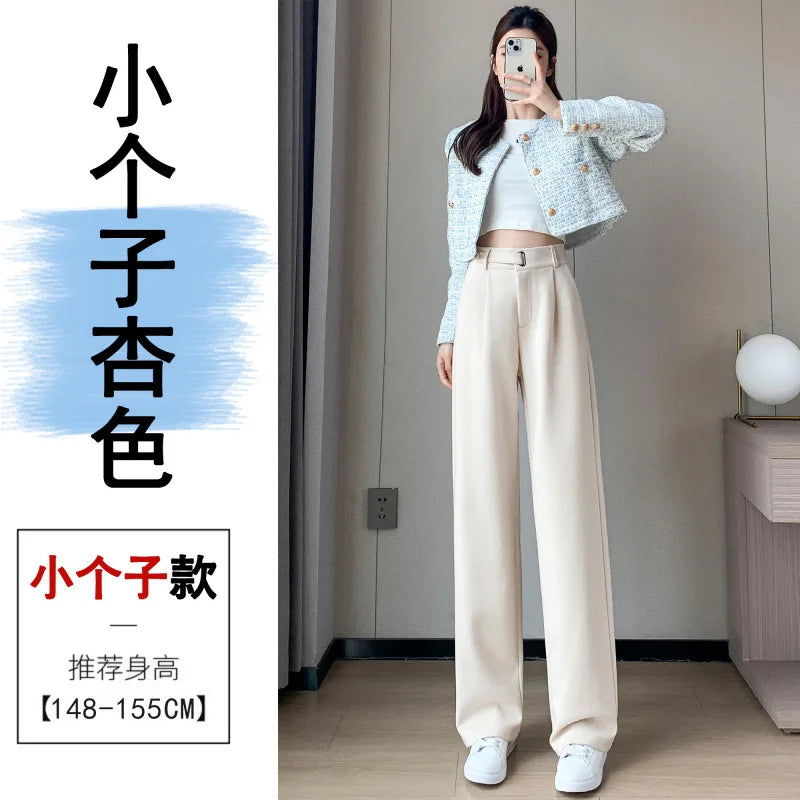 Thickened Fleece Lined Winter Wide Leg Pants High Waist Floor Length Straight Cut Casual Trousers for Women Woolen Suiting