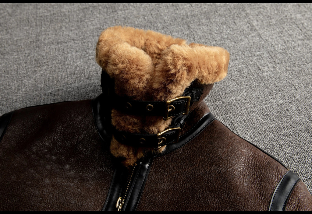 Brown Winter Shearling Jacket Men Retro Style Plus Size 5XL Genuine Natural Sheepskin Turn-Down Collar Thick Warm B3 Flight Coat